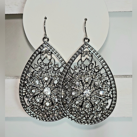 Ornate Silvertone Large Teardrop Dangle Boho Earrings - Picture 2 of 4